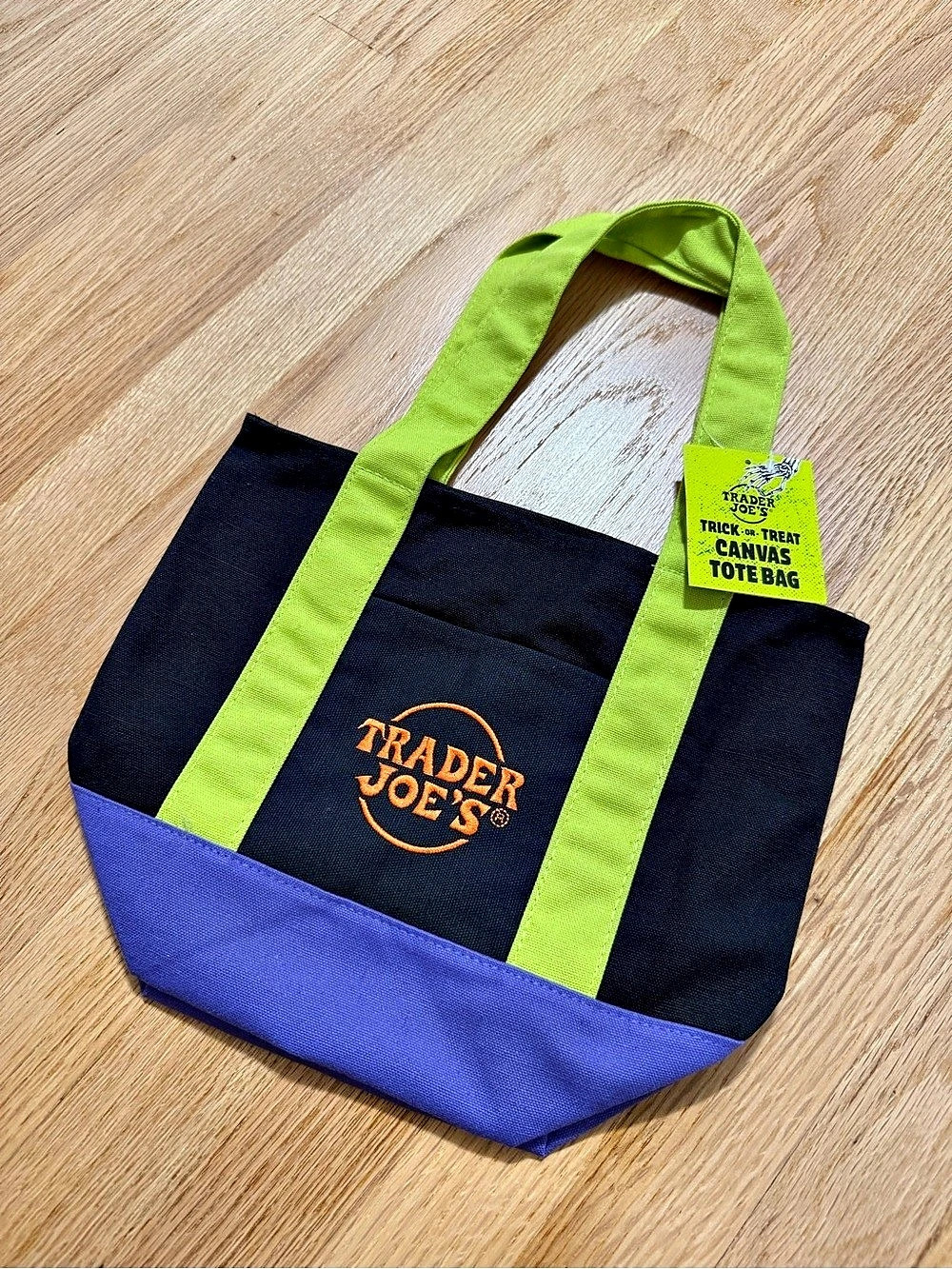 Trader Joe's Trick-or-Treat Mini Canvas Tote Bag Black Purple Green & Orange